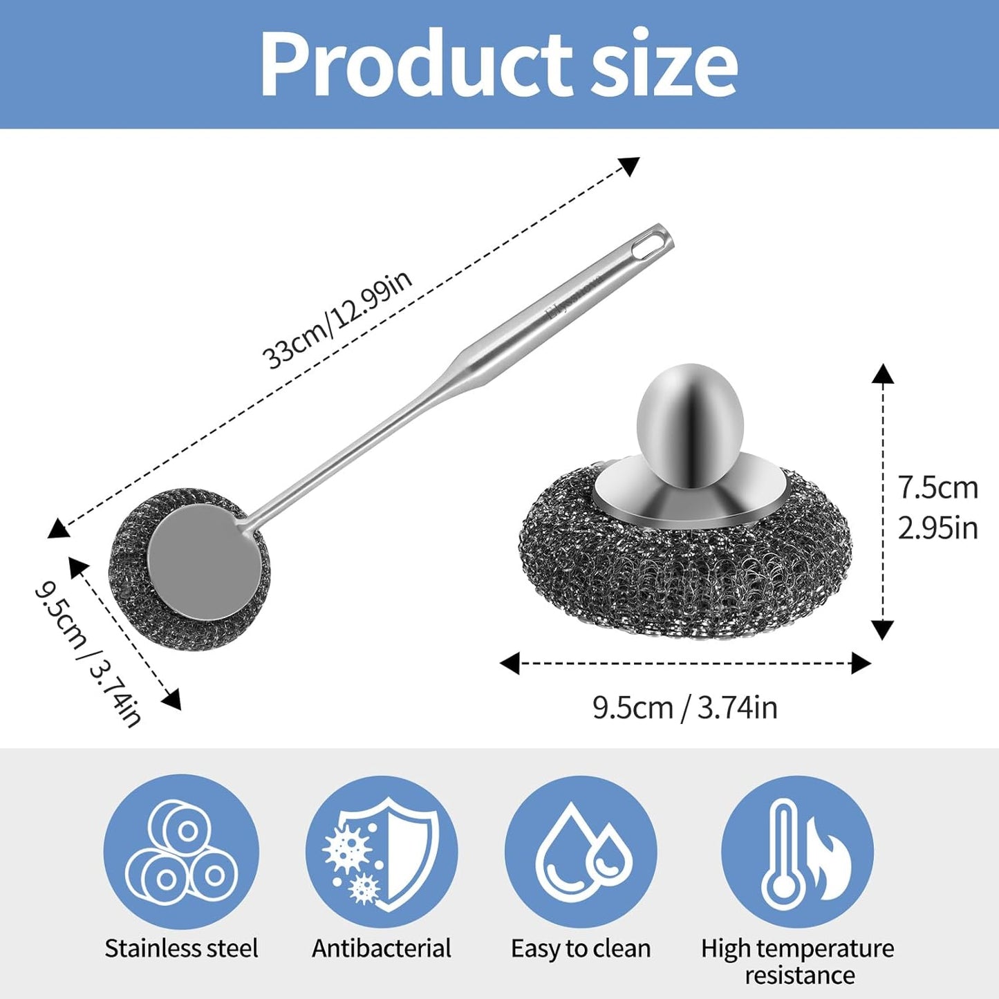 Steel Wool Detachable Brush with Long Handle for Utensil Cleaning