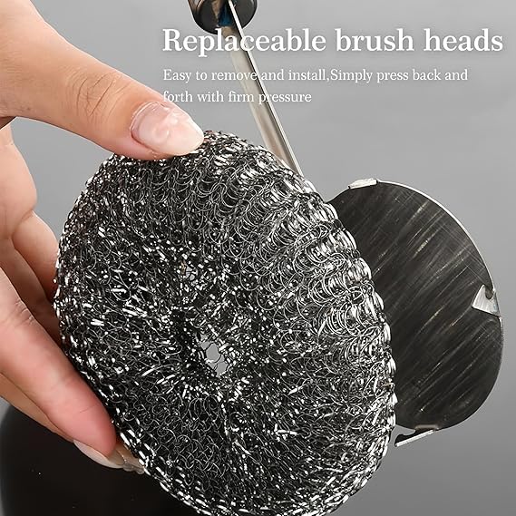 Steel Wool Detachable Brush with Long Handle for Utensil Cleaning