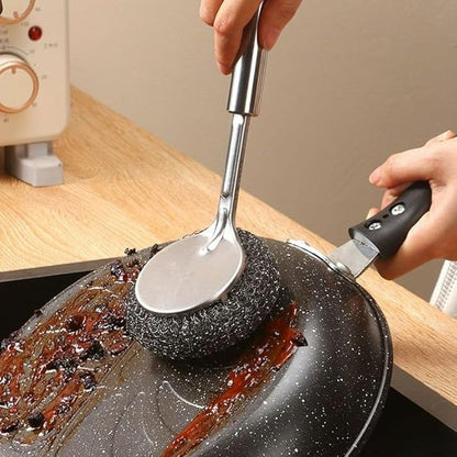 Steel Wool Detachable Brush with Long Handle for Utensil Cleaning