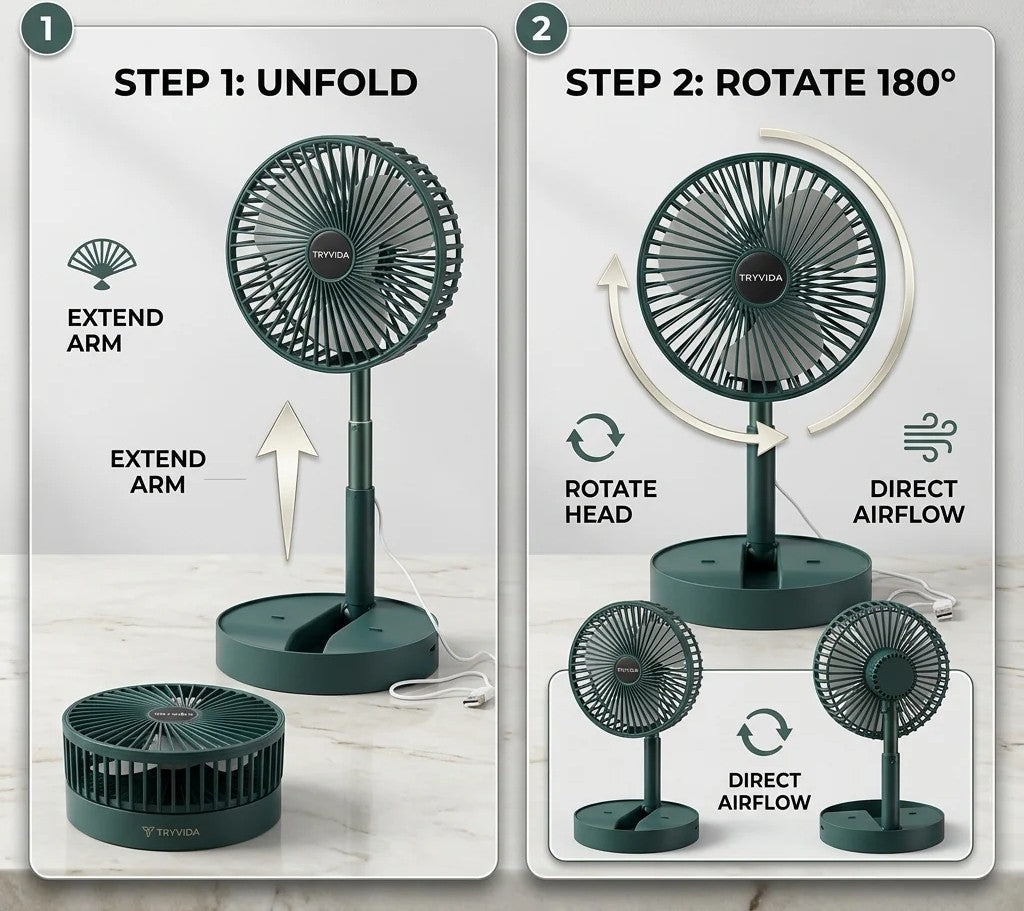 Table Fan (White), Portable Folding Fan, Rechargeable USB Type-C Fan, 3 Speed Battery