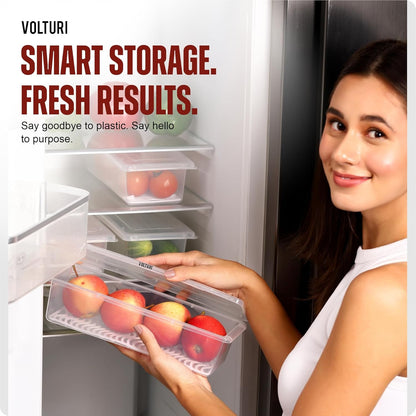 2 Partition Fridge Organizer with Removable Drain Plate and Lid