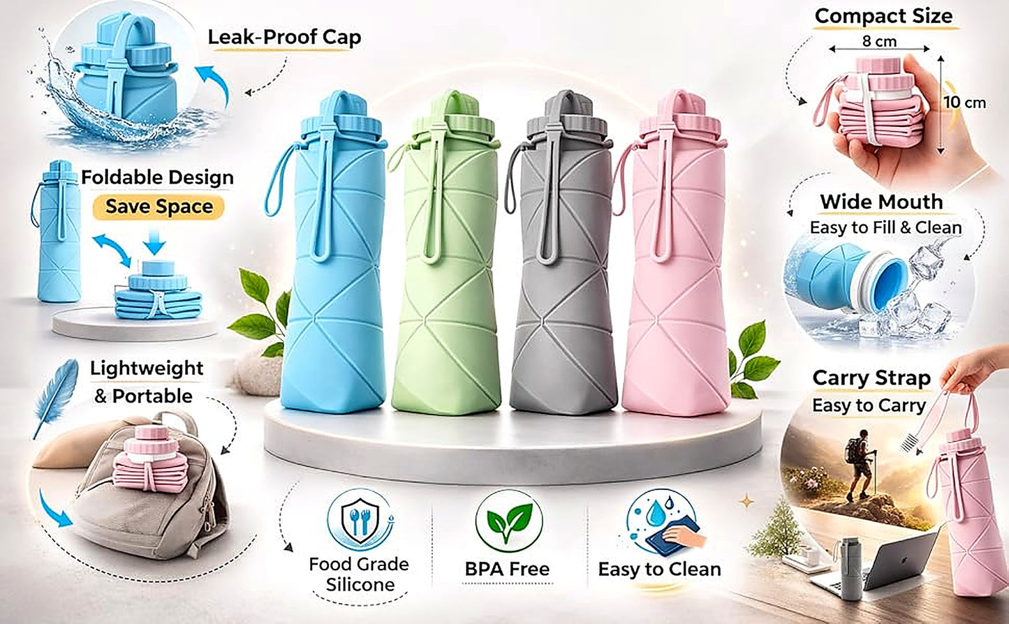 Collapsible Sports Water Bottles Leakproof Valve BPA Free Silicone Foldable Water Bottle