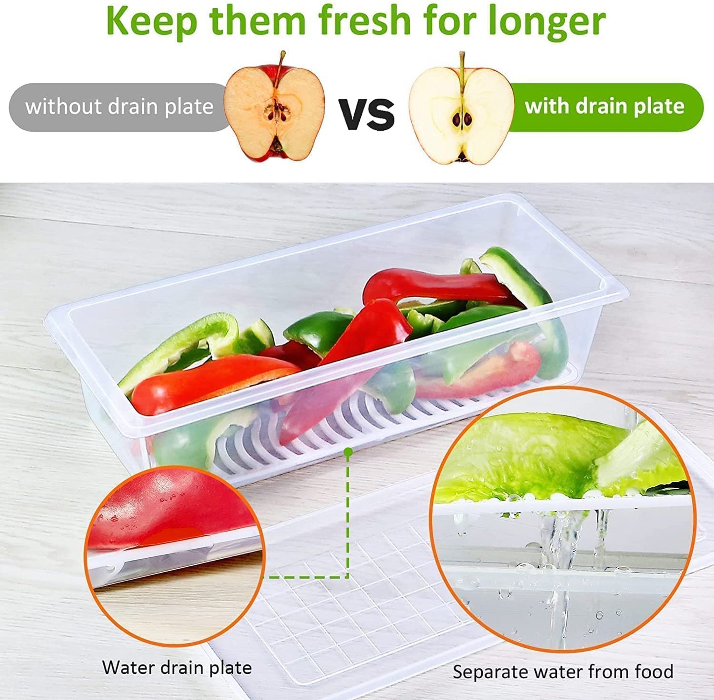 2 Partition Fridge Organizer with Removable Drain Plate and Lid
