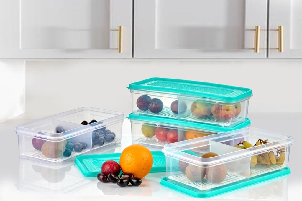 2 Partition Fridge Organizer with Removable Drain Plate and Lid